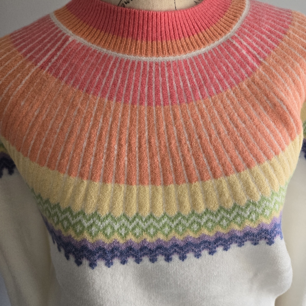 Cream Fair Isle Yoke Crewneck Sweater with Rainbow Accents - Picture 3 of 7